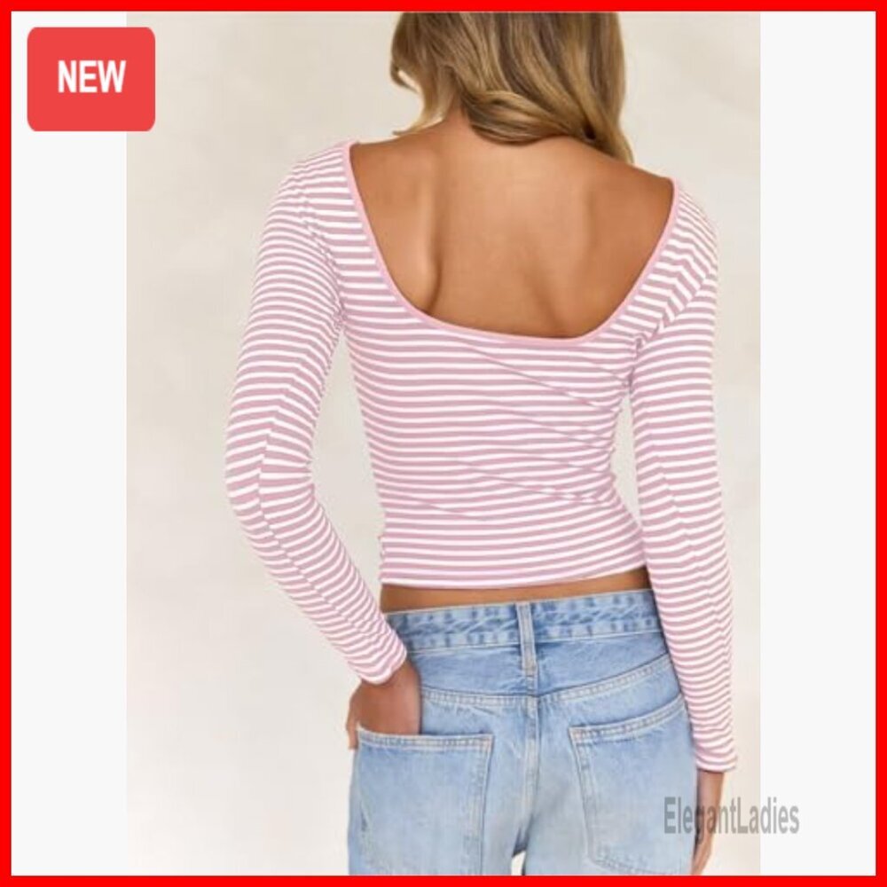 Long Sleeve Striped Crop Top Backless Boat Neck Y2K Tee Women's - Picture 4 of 7